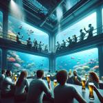 DALL·E 2023-11-12 14.23.40 - A photorealistic image of a beer party in an underwater base, with a view into the depths of the ocean. The scene shows a group of people, diverse in .png